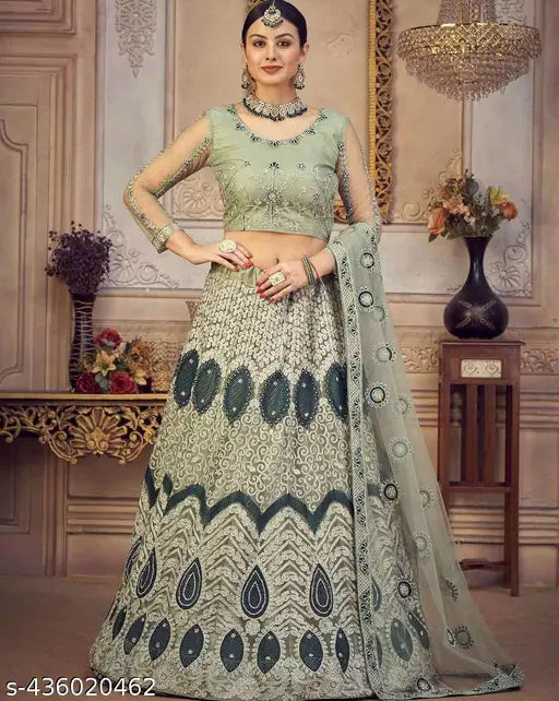Banarasi lehenga: Free size embroidered net lehenga-choli with unstitched blouse and dupatta, trendy design by Jesani Creation