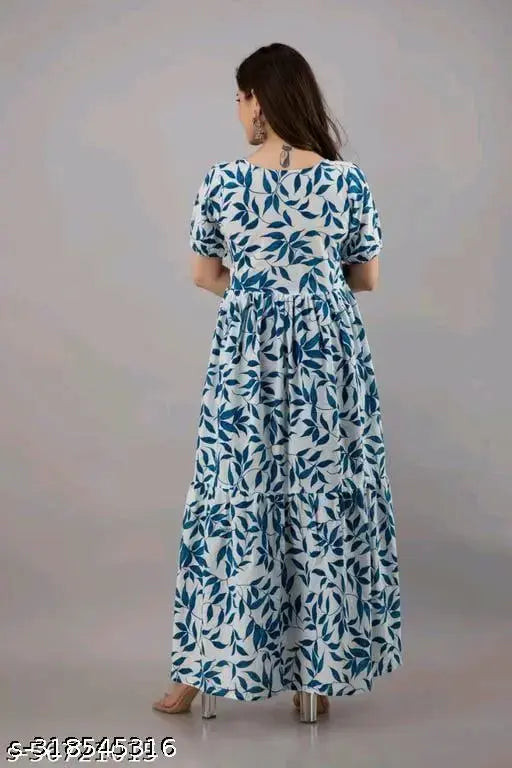 Blue rayon Anarkali kurti, short-sleeved floral print for girls/women, India origin