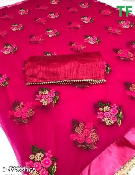 Embroidered net saree with separate Italian silk blouse, Indian wedding attire, heavy work for striking appearance, measures 5.5m x 0.8m