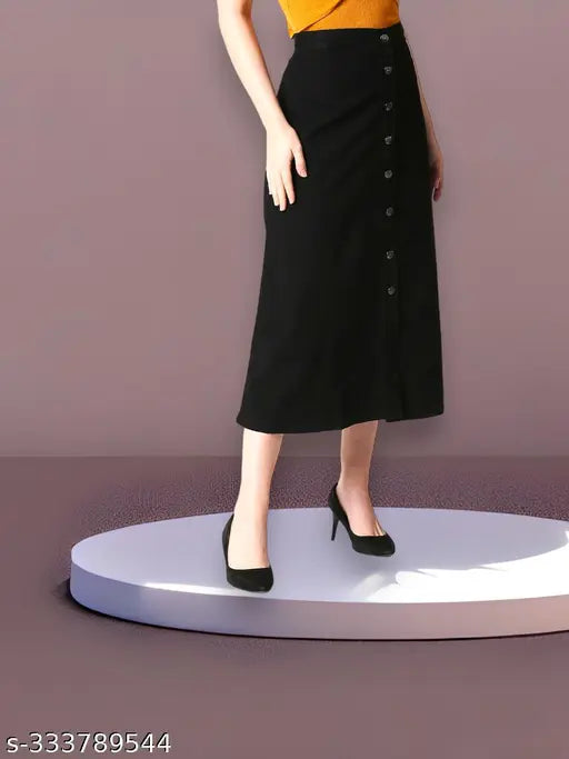 Black cotton blend A-Line western skirt for women, solid black, size 26 (waist 26", length 31"). Women's fashion accessory from India