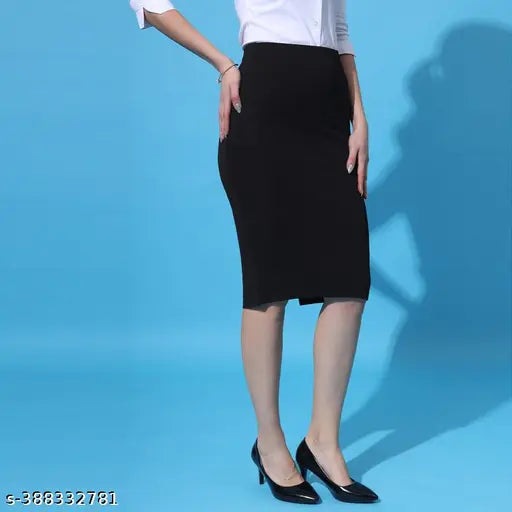 Women's solid polyester stretchable pencil skirt, available in sizes 26-34 (26in/25in/32in, 28in/25in/34in, 30in/25in/36in, 32in/25in/38in, 34in/25in/40in). Perfect for formal events