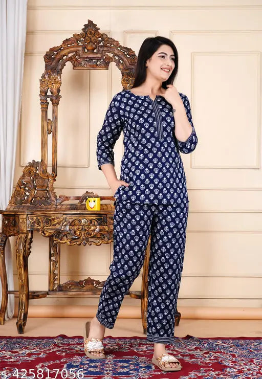 Trendy viscose rayon nightsuit with three-quarter sleeves and printed pattern, comfortable women's pyjamas from India