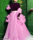 Velvet and net freel lengha set with ruffled top and solid dupatta, Indian hand-embroidered fancy design