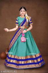 Soft silk lehenga collection Janki with chanderi dupatta and art silk blouse, traditional Indian wear from Tirupati Traditional Wear, 100% best quality for a stunning look. Unstitched and available in various sizes (11-12 years to free size)