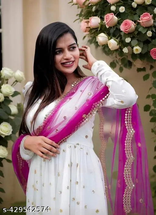 Embellished georgette Indian kurti set with dupatta, showcasing beautiful scallop embroidery work