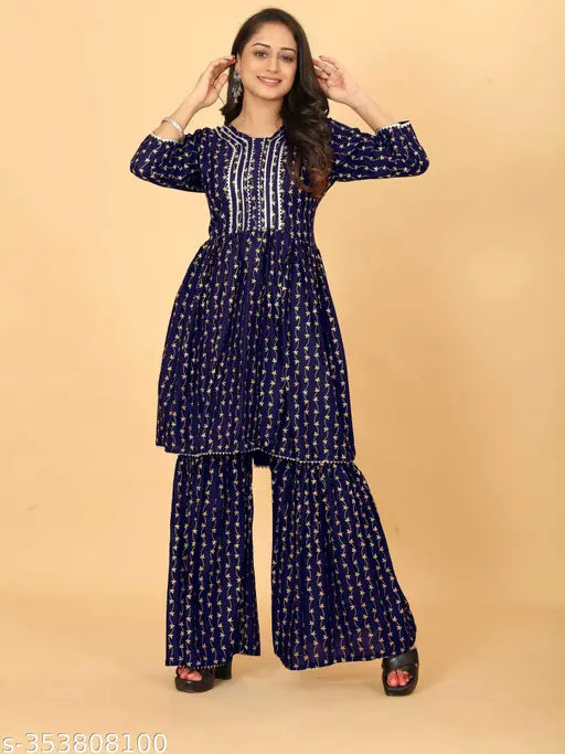 Cotton Foil Printed Rayon Kurti Sharara Set - Wine-colored Indian ensemble with exquisite foil print work and delicate less patti, perfect for XL sizes (42 in bust, 16 in shoulder, 40 in waist, 46 in length)
