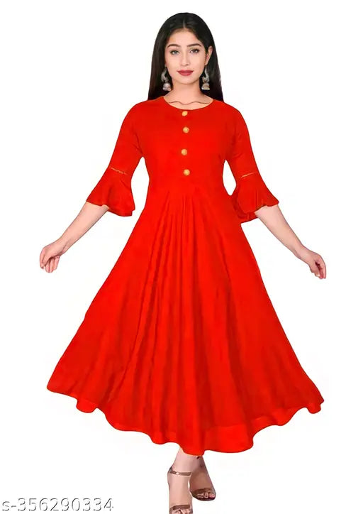 Red rayon Anarkali kurti with gown flare, stylish ethnic wear for women