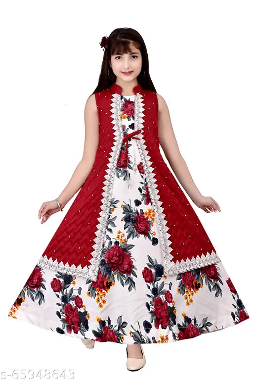 Maroon cotton blend ethnic gown for girls, digital floral print, sleeveless, perfect for parties and special occasions