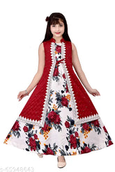 Maroon cotton blend ethnic gown for girls, digital floral print, sleeveless, perfect for parties and special occasions