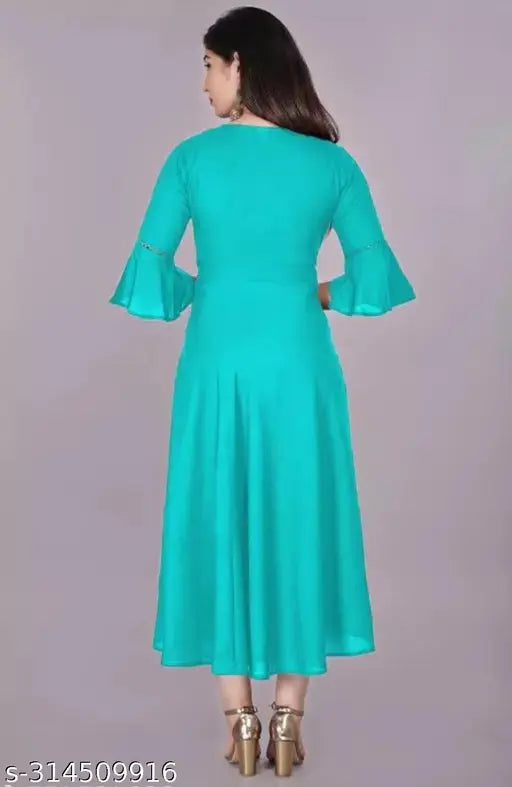 Sky Blue Rayon Flared Kurta with Three Quarter Bell Sleeves - Premium quality rayon solid kurta for women, three-quarter sleeve, flared design, suitable for special occasions or everyday wear