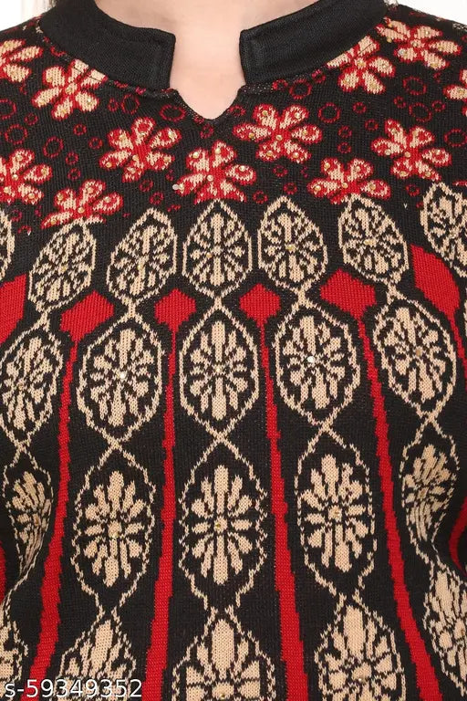 Black wool A-line self-design kurti with printed combo, long sleeves for women's winter wear - India