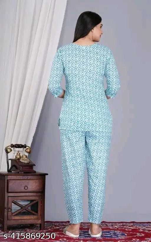 Women's Rama green cotton printed nightsuit top & pyjama coord set, three-quarter sleeves, stylish co-ord for casual or sleepwear, Indian-made