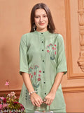 Blue viscose embroidered tunic and pant set, three-quarter sleeves for women's Indian wedding festival wear. Hand-embroidered with striped lining, pair available in sizes M, L, XL, XXL