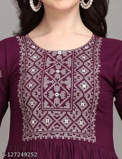 Purple rayon embroidered kurti with three-quarter sleeves, Indian traditional clothing on hanger for women's fashion