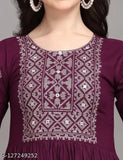 Purple rayon embroidered kurti with three-quarter sleeves, Indian traditional clothing on hanger for women's fashion