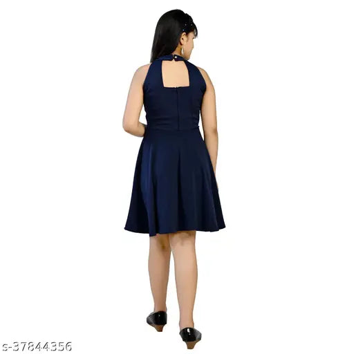 Navy cotton blend knee-length dress with matching navy mask, for girls aged 5-13 years, solid pattern, Indian origin