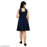 Navy cotton blend knee-length dress with matching navy mask, for girls aged 5-13 years, solid pattern, Indian origin