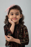Kids rayon gold printed black gown with jacket set, three-quarter sleeves, four-to-ten years, Indian traditional partywear for kids