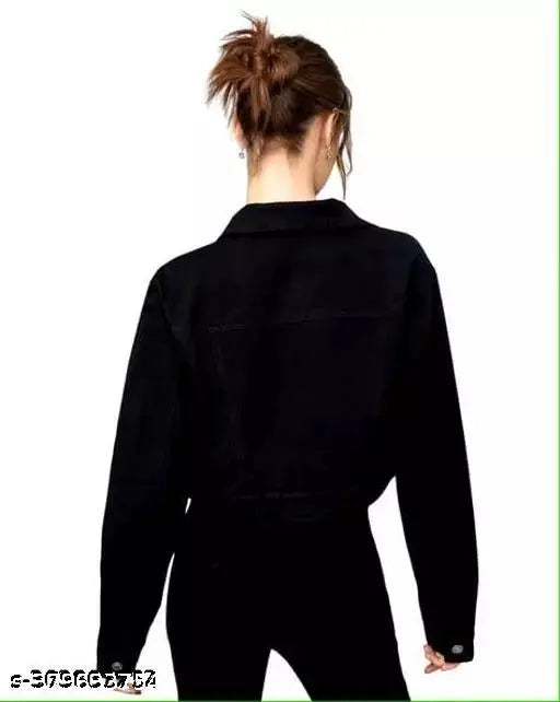 Black denim women's jacket, solid black long sleeves, size S (bust 36in, length 21in), made in India