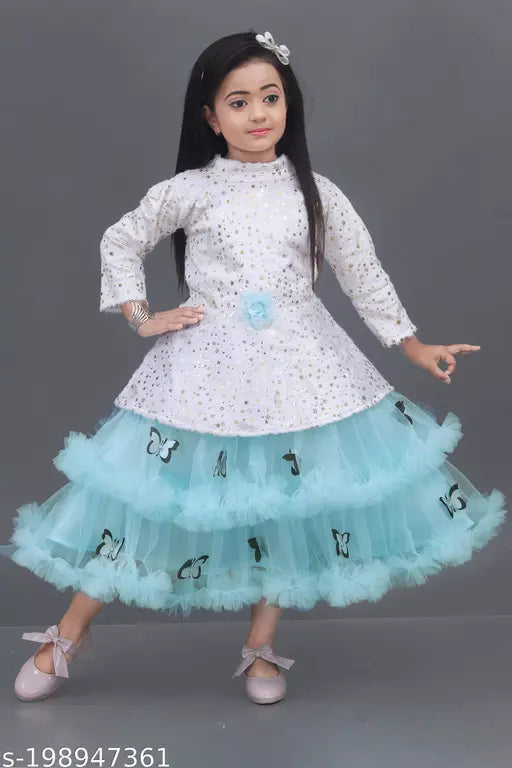 Aqua blue embellished net gown for kids, long sleeves, single size (1-2/2-3 years), Indian origin