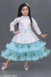 Aqua blue embellished net gown for kids, long sleeves, single size (1-2/2-3 years), Indian origin