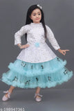 Aqua blue embellished net gown for kids, long sleeves, single size (1-2/2-3 years), Indian origin