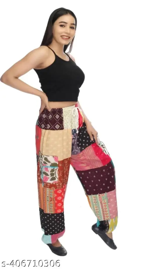 Multicolor patchwork yoga harem pants, pure cotton for comfort and breathability