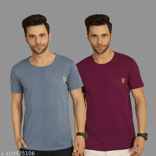 Maroon cotton short-sleeved solid t-shirt pack (2pcs), Vimal Jonney men's regular fit from India