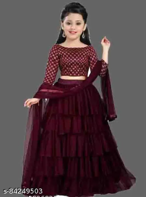 Embroidered satin lehenga choli for kids with net dupatta and long sleeves, trendy ruffle pattern, Indian origin