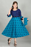 Cotton blend long frock by A M Enterprises, printed net pattern, three-quarter sleeves for kids aged 2-3 years to 9-10 years, made in India