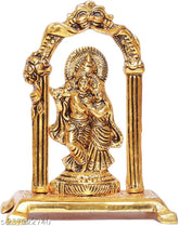 Metal Radha Krishna idol playing flute, gold-plated decorative showpiece - 18cm x 14cm x 6.5cm (Indian, Religious)