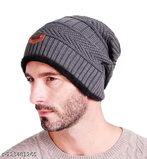 Woolen beanie cap with fur lining - snow-proof, warm for men & women (India)