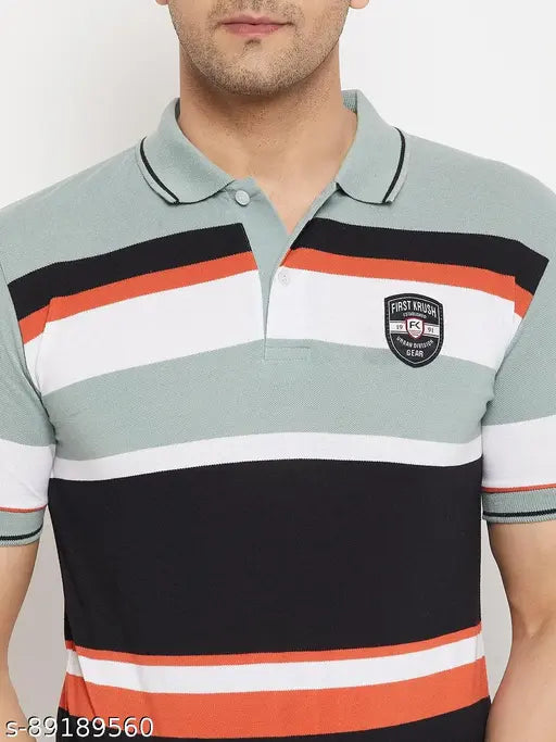Blue and white colorblocked cotton blend men's polo t-shirt with half sleeves, made in India