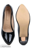 Stylish leather black pumps with various heel styles for partywear, featuring buckle ornament and cap toe design