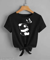 Black crop top t-shirt for women panda butterfly print lycra short sleeves India