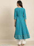Blue floral round cotton-blend kurtis & kurta for women, 3/4 sleeve length, V-neck, printed combo