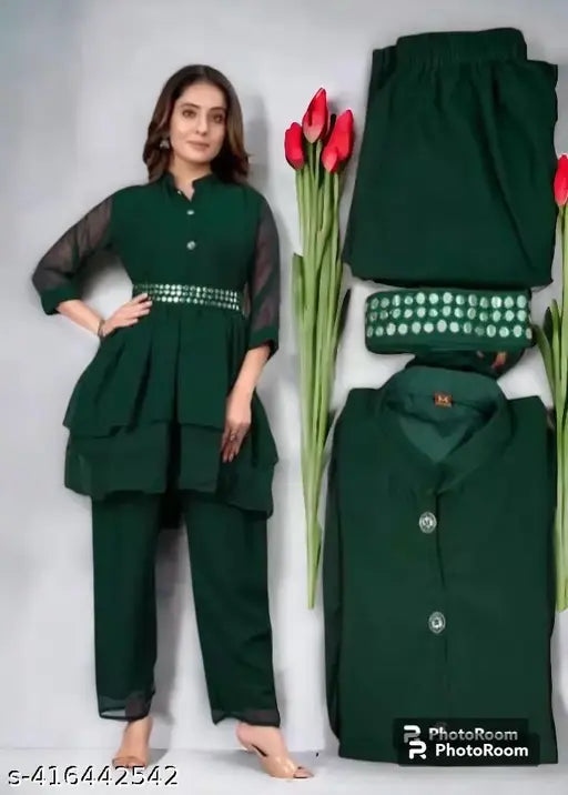Trending Georgette kurta with pant set, mirror work belt, Indian wedding festival party wear