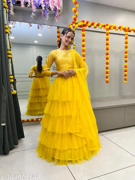 Art Silk ruffle lehenga and net dupatta set, semi-stitched Indian traditional wear