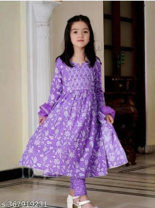 Purple Rayon/Cotton Blend Kurta Set with Dupatta and Bottomwear, printed design for girls aged 7-8 or 11-12 years, Jaipuri origin, India