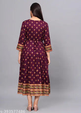 Printed wine rayon Anarkali Kurta, ethnic women's summer wear, vibrant design, round neckline