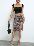 Printed net mid-length skirt for women, polyester fabric with fancy side cut, available in sizes 26, 28, 30, and 32 inches