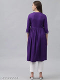 Purple Chikan embroidered Rayon three-quarter sleeve kurti, traditional Indian fashion for functions and festivities