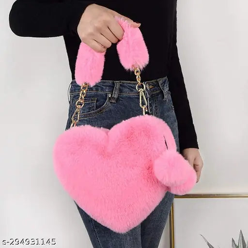 Synthetic heart shape sling bag with pompoms, soft faux fur, suitable for various occasions, free size (8in x 3in x 9in)