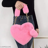 Synthetic heart shape sling bag with pompoms, soft faux fur, suitable for various occasions, free size (8in x 3in x 9in)