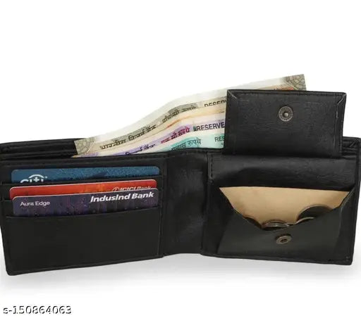 Canvas & leather casual men's wallet, textured net design, 4 compartments, free size (10cm x 10cm), India-made