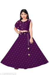 Cotton blend kids' lehenga choli with taffeta silk, sleeveless, jacquard stitch, net, mirror work. Indian traditional girls outfit