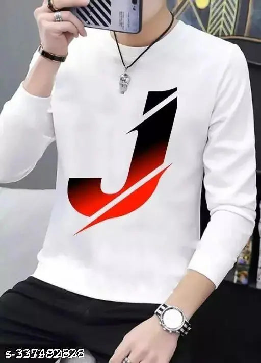 White printed polyester full-sleeve men's t-shirt, stylish round neck design, ideal for summer and winter. Made in India