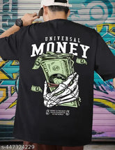 Black cotton blend oversized round neck t-shirt with money print for men, featuring three-quarter sleeves and versatile sizing options