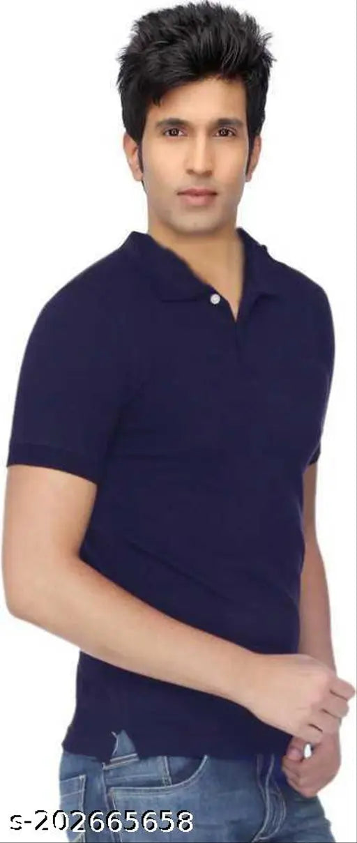 Men's navy blue cotton blend polo collar neck T-shirt, perfect for casual or business wear, premium quality soft fabric