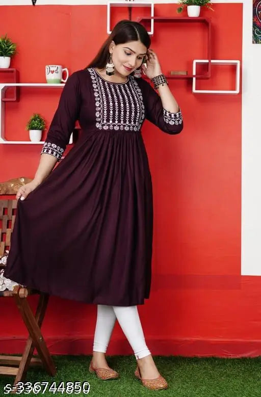 Rayon embroidered flared kurta, three-quarter sleeves, Indian traditional clothing